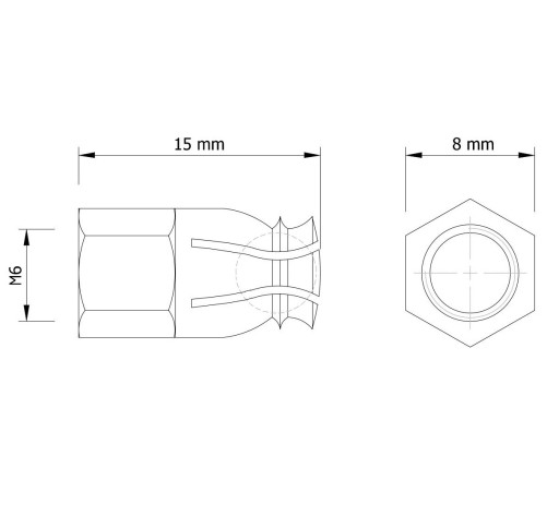 M6 x 15 mm mosadzná objímka s expanznou guľou, nábytková vložka na drevo