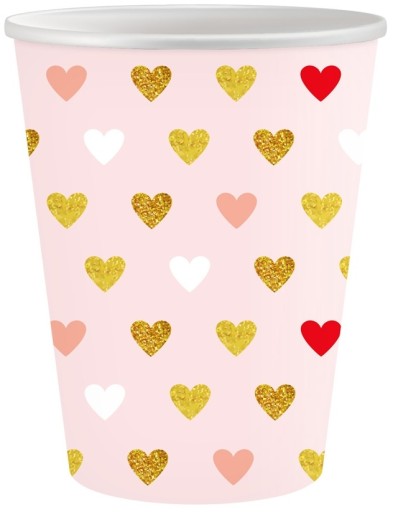 Ružové papierové poháre so srdiečkami na Valentína XoXo 250ml 6 ks.