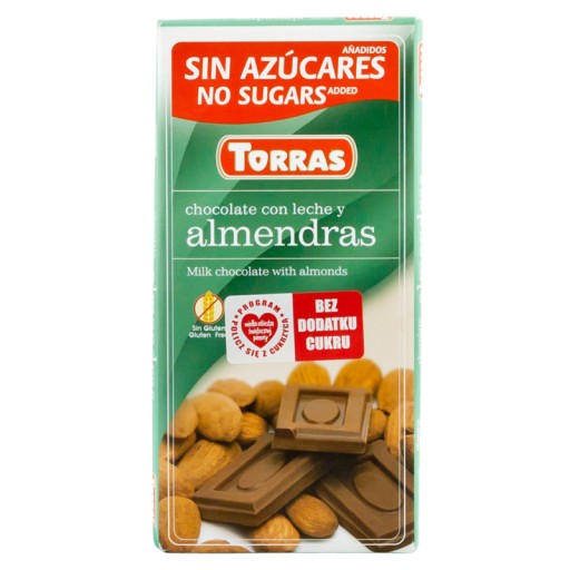 Torras Mliečna čokoláda s mandľami BEZ CUKRU 75g