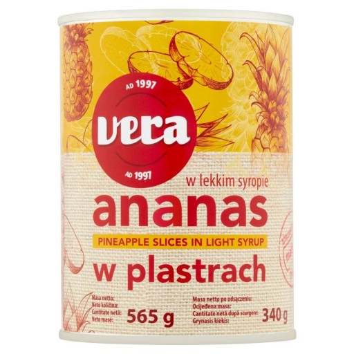 Ananásové plátky 565G/320G Vera