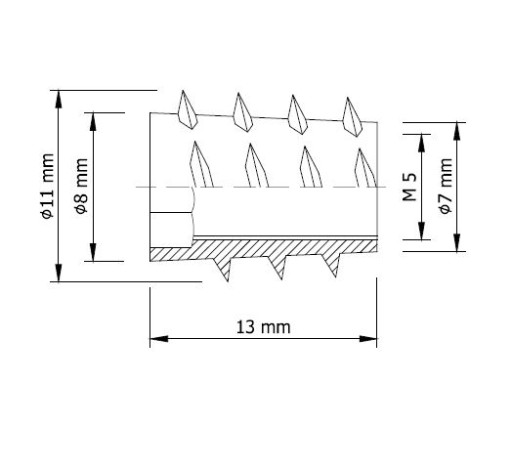 Zásuvka 10x M5x13 mm, oceľová vložka skrutkovaná do dreva
