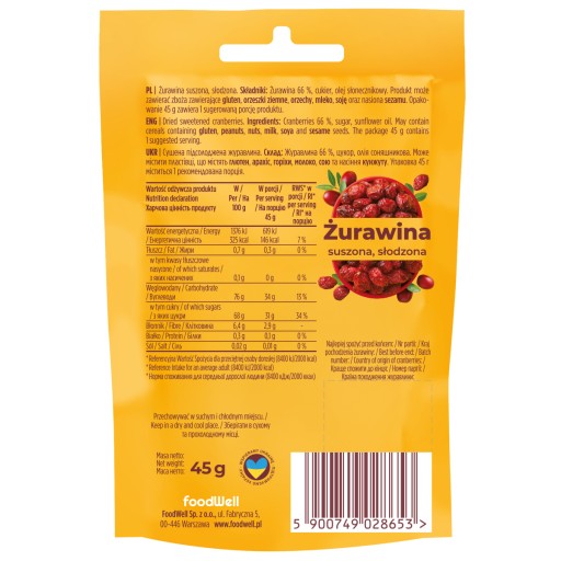 Šťavnaté sušené brusnice celé ovocie Bakalland 45g bez síry PREMIUM