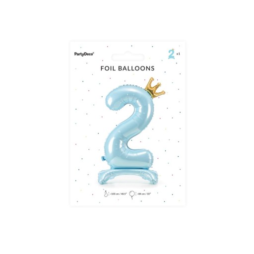 Fóliový balón ČÍSLO 2 MODRÝ s korunkou, STOJAJÚCI, veľký, 85 cm, na narodeniny