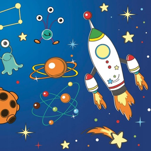 Set taniere, šálky, obrúsky, COSMOS, raketa, hviezdy, mimozemšťania, narodeniny