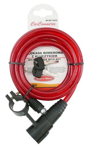 Červený BIKE LOCK 8mm x 180cm s KĽÚČOM