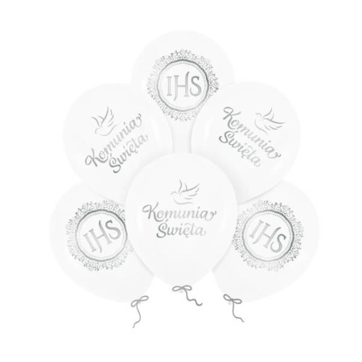 Balóniky na prijímanie, biele, strieborné, sväté prijímanie IHS, 30cm, 6 kusov