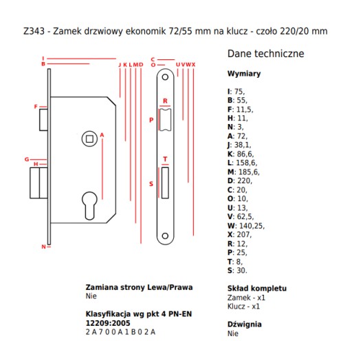 JANIA Zámok dverí 72/55 mm s kľúčom - predný 220/20 mm strieborný ľavá strana