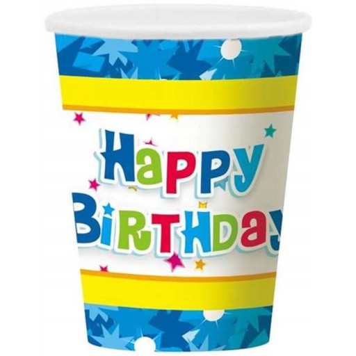 HAPPY BIRTHDAY modré, farebné narodeninové papierové taniere, 6 kusov