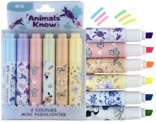 Mini neónové zvýrazňovače Animals Planet Sada 6 farieb M&G