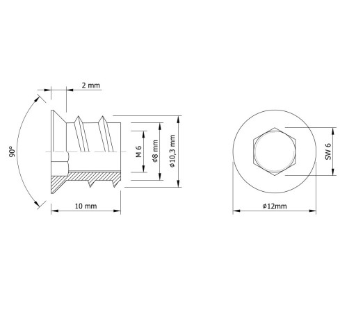 10x nástrčka M6 x 10 mm, dvojzávitová skrutka do dreva, nábytková vložka