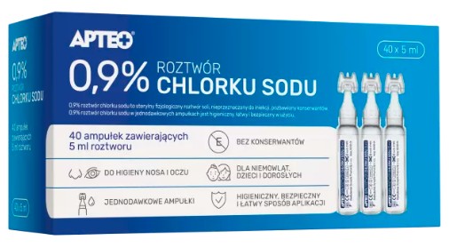 APTEO 0,9% roztok chloridu sodného FYZIOLOGICKÁ SOĽ 40 ampérov. x 5 ml