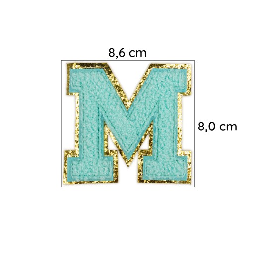 PATCH LETTER M, azúrová, trblietka, modré písmo