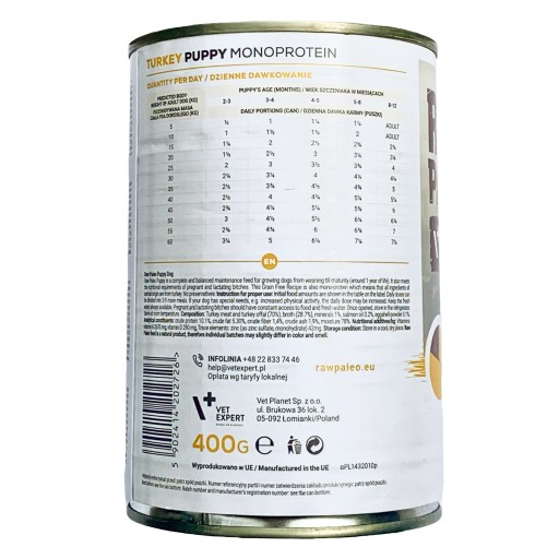 RAW PALEO PUPPY Mokré krmivo pre psov Mono Turkey 400g