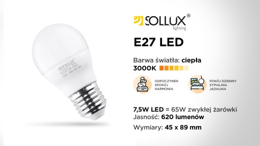 SOLLUX LED guľová žiarovka E27 3000K WARM 7,5W 620lm