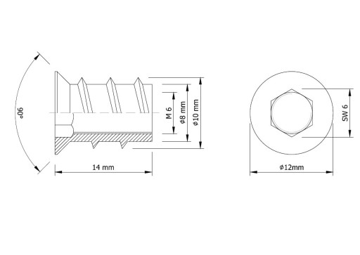 10x M6 x 14 mm nástrčné nábytkové dvojzávitové vybranie na skrutku do dreva