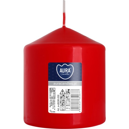 ČERVENÁ valcová sviečka, neparfumovaná, SVIEČKA PARAFÍNOVÁ 9CM 38H 320G