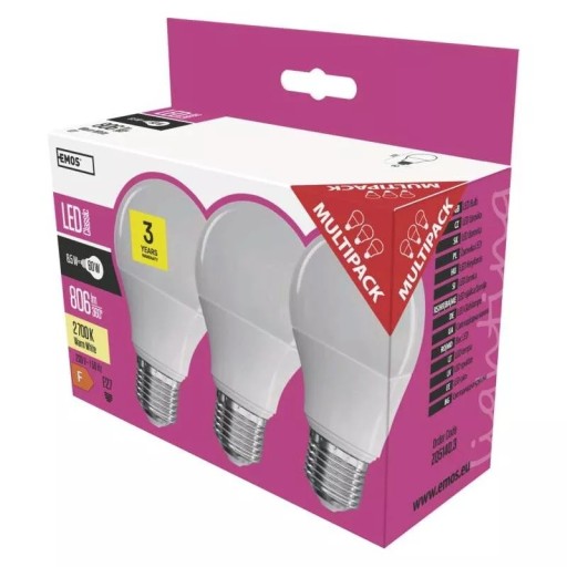 Sada 3 kusov LED žiarovky CA60 8,5W E27 EMOS