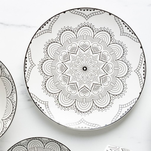 VEČEROVÝ tanier, plytký, veľký, na večeru, porcelán, biely, čierny, MANDALA, 27 cm