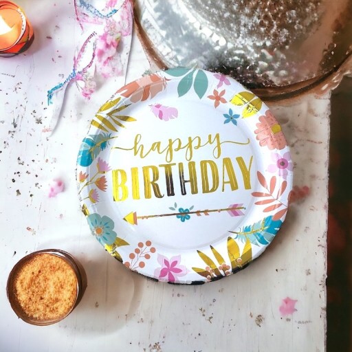 Happy Birthday papierové taniere 23cm BOHO FLOWERS zlatý nápis Birthday