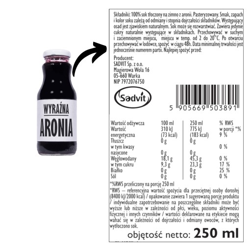 šťava z arónie 100%, arónia NFC šťava z arónie 250ml prírodný na sirupy