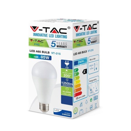 V-TAC LED žiarovka SAMSUNG CHIP 15W E27 A65 VT-215 3000K 1250lm Záruka 5 rokov