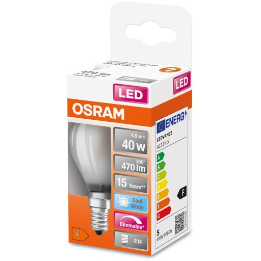 E14 LED žiarovka 4,8W = 40W 4000K STMIETNUTÁ OSRAM