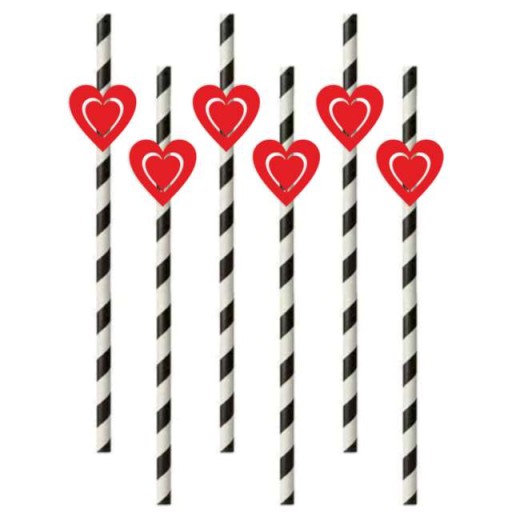 Slamky pruhované SRDCE červené VALENTÍN zaľúbenci 6
