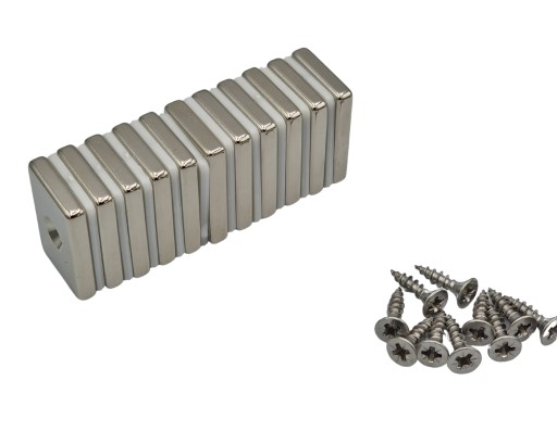 Neodymový tanierový magnet 30x20x5 N42 s kónickým otvorom 8/4 mm + 2x skrutka