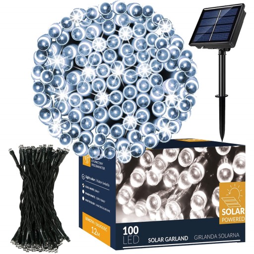 SOLÁRNE VIANOČNÉ SVETLÁ 100 LED 12m GARLAND STUDENÁ BIELA 8 FUNKCIÍ