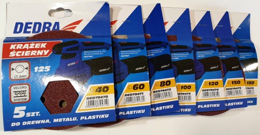 Papier DEDRA, 5 kusov, brúsny kotúč 125, zrnitosť 180 na suchý zips