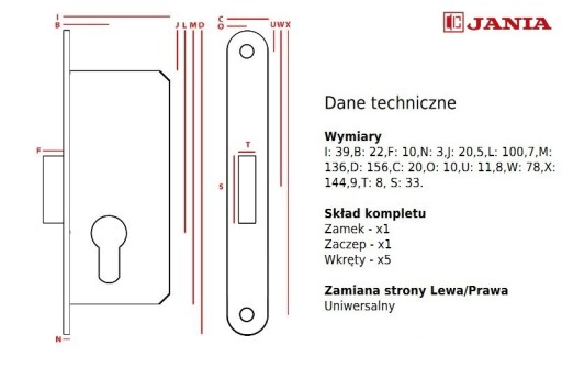 ZÁMKA DVERÍ, ZÁPADKA BRÁNY, ÚZKA VLOŽKA, JANIA Z093
