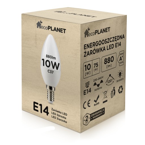 E14 LED žiarovka na sviečku 10W 880lm ecoPLANET COLORS