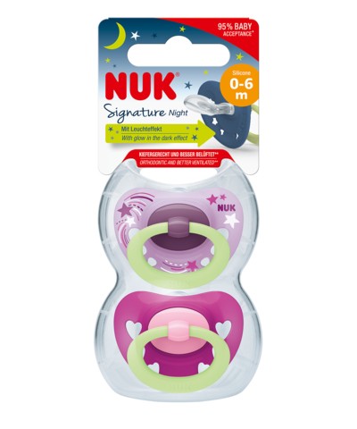 NUK SIGNATURE NIGHT SILIKÓNOVÝ cumlík 0-6M GIRL 2 BAL