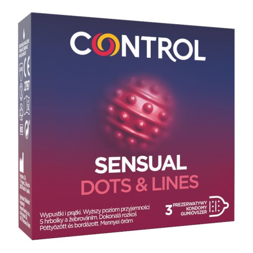 Kondómy CONTROL SENSUAL DOTS LINES, rebrované s výstupkami, 3 ks.