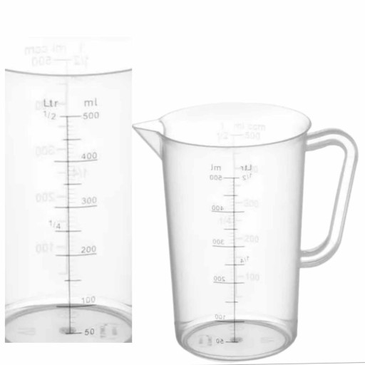 Plastový džbán s kuchynskou odmerkou na odmeranie mlieka, múky, cukru, 0,5l