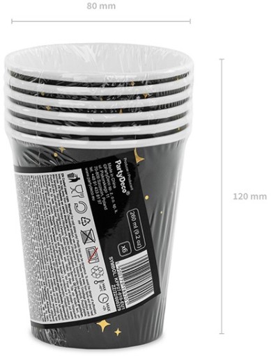 ČIERNE papierové poháre so ZLATÝMI HVIEZDAMI narodeninové silvestrovské 260 ml 6 ks
