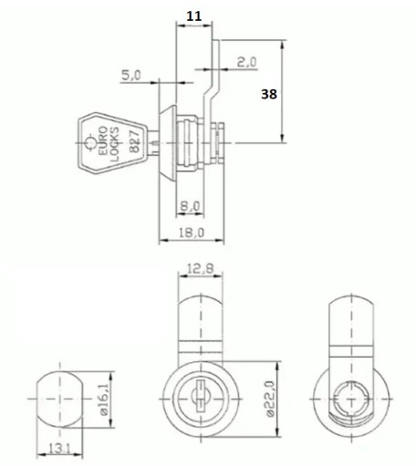 EURO ZÁMKY VAČKOVÝ ZÁMOK PRE KANCELÁRSKY SKRÍNOVÝ NÁBYTOK 0202 / DĹŽKA ZÁVIT 8mm