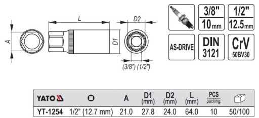 YATO - ZÁSUVKA NA SVIEČKU 1/2'' 6-SIGNÁLOVÝ KĽÚČ 21MM