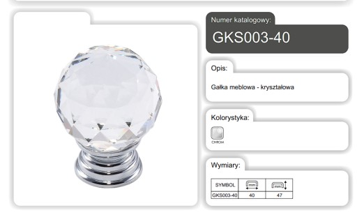 KĽÚČKA NA NÁBYTOK DO SKRINÍK CHROM + KRIŠTÁĽ 40MM GKS003-40 AMIX