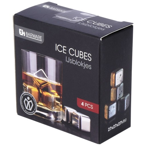 4x ICE CUBES, oceľové, opakovane použiteľné kocky ľadu na chladenie whisky nápojov
