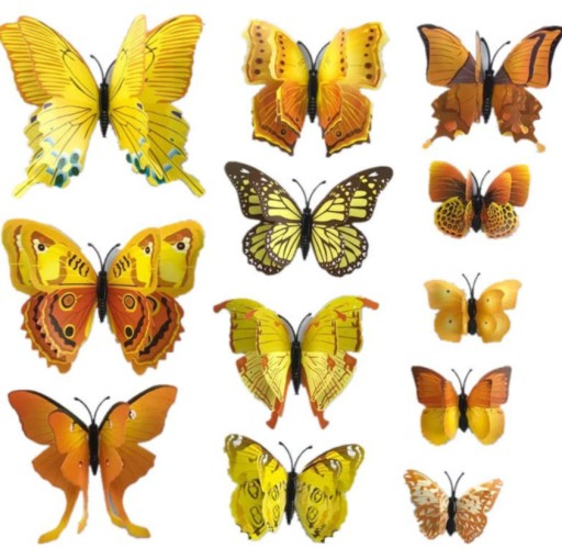 3D Nálepky na stenu Motýle Motýle Double Yellow Decoration Sada 12 ks.