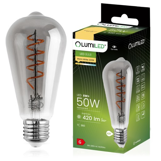 E27 EDISON ST64 LED žiarovka 6W FILAMENT DEKORATÍVNA RETRO DYMOVÁ ŠPIRÁLA