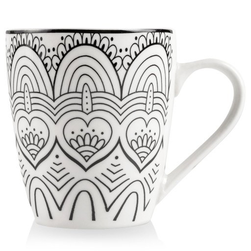 PORCELÁNOVÝ hrnček na pitie kávy, čaju, nápojov, biely, čierny, MANDALA, 370 ml
