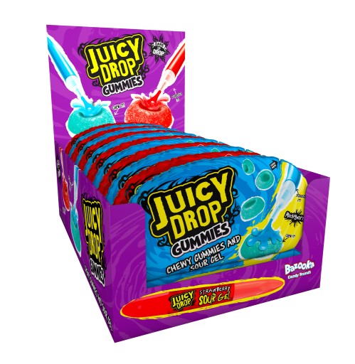 ŠŤAVNÉ KVAPKY GUMMIES OVOCNÉ ŽELÉ S KYSELNÝM GÉLOM V RUŽOVOM BAZOKOVOM CUKROVINE 57G