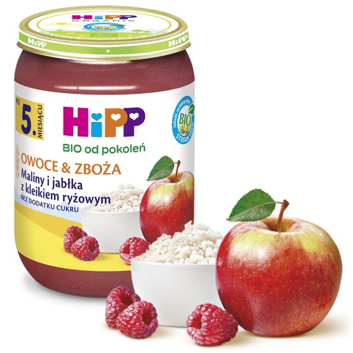 HiPP Maliny a jablká s bio ryžovou kašou, 190g