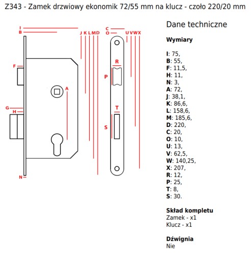 JANIA Zámok dverí 72/55 mm s kľúčom - predný 220/20 mm čierny pravá strana