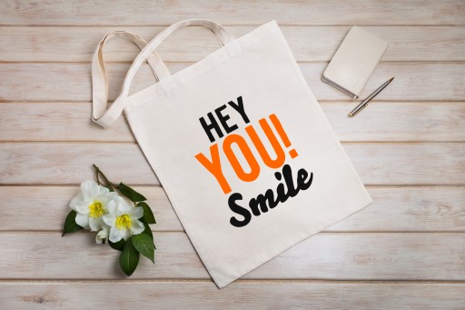 Bavlnená taška s potlačou 38x42cm 145g ecru Hey You! Úsmev eko nápis