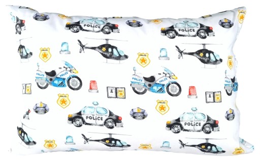 Detská biela obliečka na vankúš z bavlny, policajné auto, helikoptéra, autá, 50x70