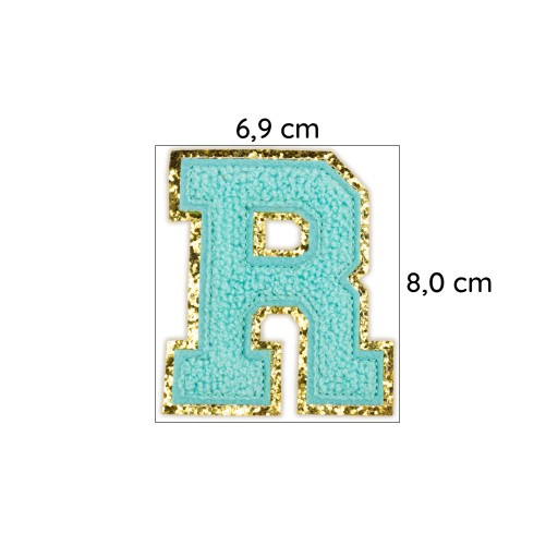 PATCH LETTER R, veľké písmo, azúrovo modré trblietky