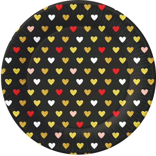 Papierové taniere so srdiečkami na Valentína, čierne